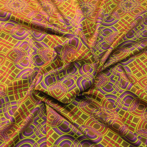 Yellow and Purple Geometric with a Brown Background Printed Silk Charmeuse Fabric - Rex Fabrics