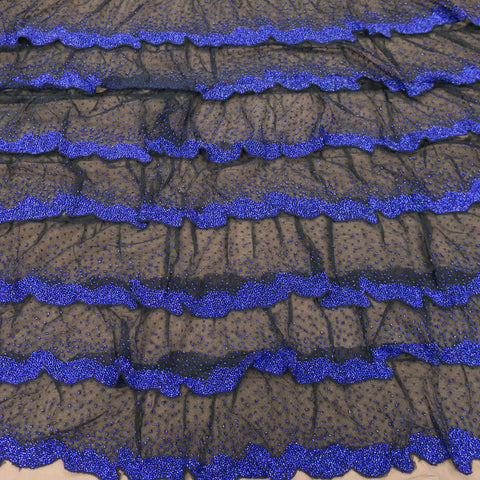 Black with Blue Abstract Embroidered Tulle Fabric - Rex Fabrics