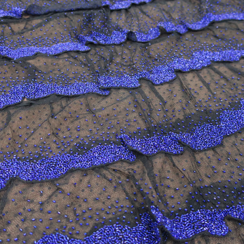 Black with Blue Abstract Embroidered Tulle Fabric - Rex Fabrics