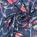 Pink Flowers on Blue Background Charmeuse Polyester Fabric - Rex Fabrics