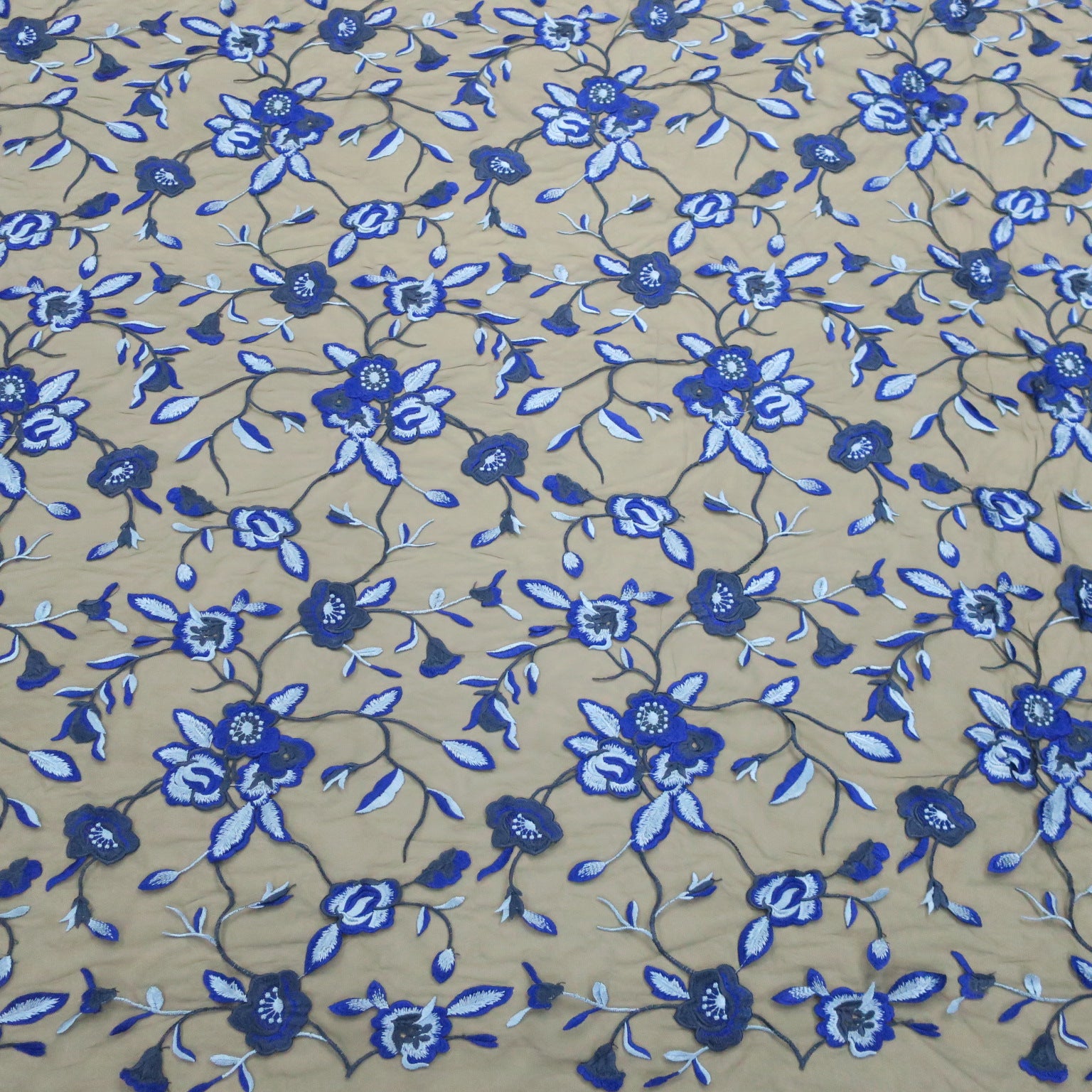 Black Tulle with Blue Floral Embroidery Fabric | Rex Fabrics