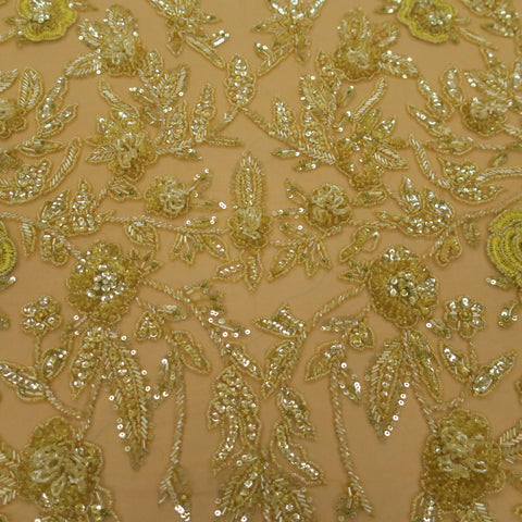 Yellow Floral with Bugle Beads Embroidered Tulle Fabric - Rex Fabrics