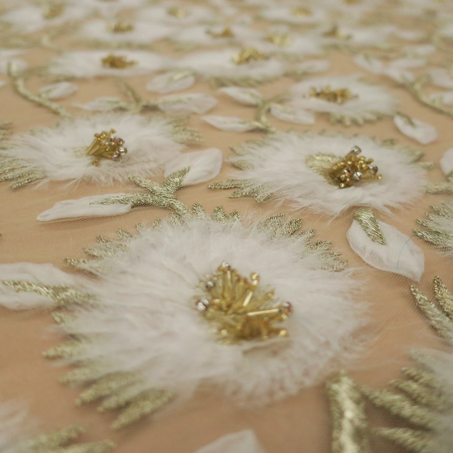 White Flowers with Gold Bugle Beads Embroidered Tulle Fabric | Rex Fabrics