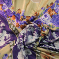 Purple White and Beige Floral Printed Silk Charmeuse Fabric - Rex Fabrics