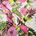 Green Monstera and Fuchsia Floral on a White Background Printed Polyester Mikado Fabric - Rex Fabrics