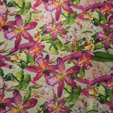 Green and Magenta Floral on a Nude Background Printed Polyester Mikado Fabric - Rex Fabrics