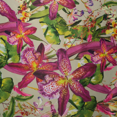 Green and Magenta Floral on a Nude Background Printed Polyester Mikado Fabric - Rex Fabrics
