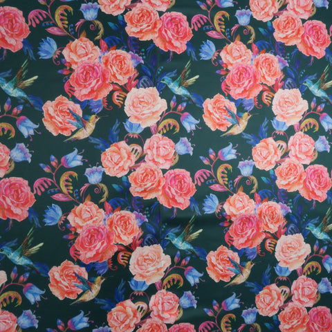Pink Roses on Black Background Printed Polyester Mikado Fabric - Rex Fabrics