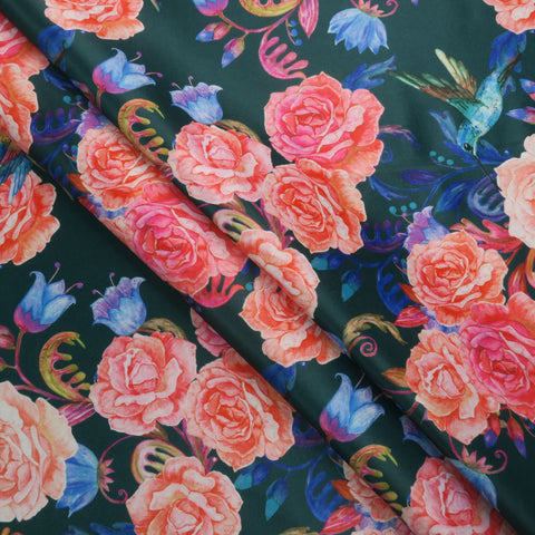 Pink Roses on Black Background Printed Polyester Mikado Fabric - Rex Fabrics