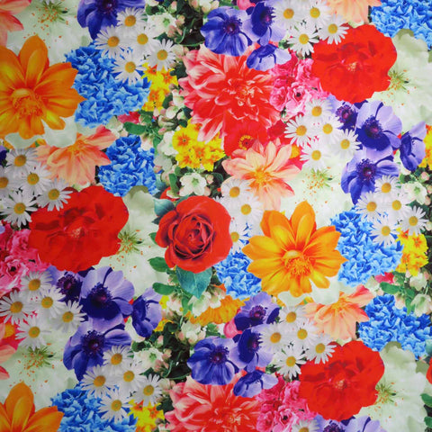 Multicolored Roses on Floral Background Printed Polyester Mikado Fabric - Rex Fabrics