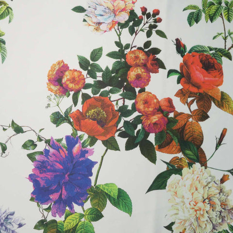 Purple Roses on White Background Printed Polyester Mikado Fabric - Rex Fabrics