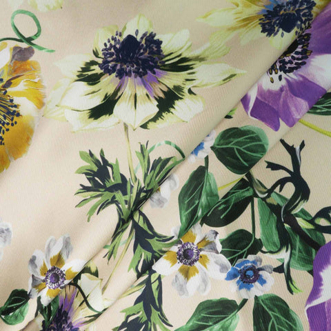 Purple and Yellow Floral on Beige Background Printed Polyester Mikado Fabric - Rex Fabrics