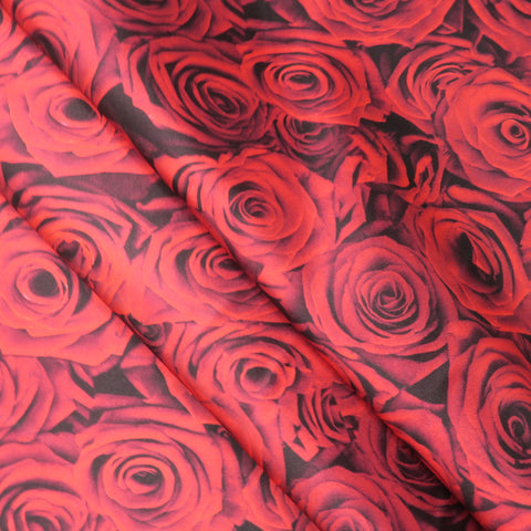 Red Roses on Black Background Printed Polyester Mikado Fabric - Rex Fabrics