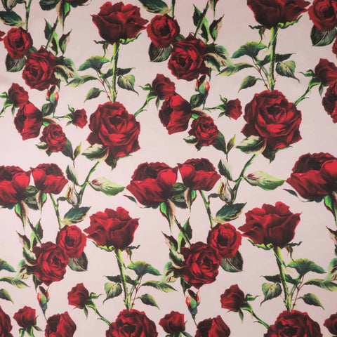 Red Roses on Pink Background Printed Polyester Mikado Fabric - Rex Fabrics