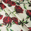 Red Roses on Ivory Background Printed Polyester Mikado Fabric - Rex Fabrics