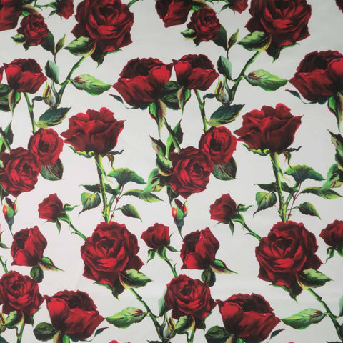 Red Roses on White Background Printed Polyester Mikado Fabric - Rex Fabrics