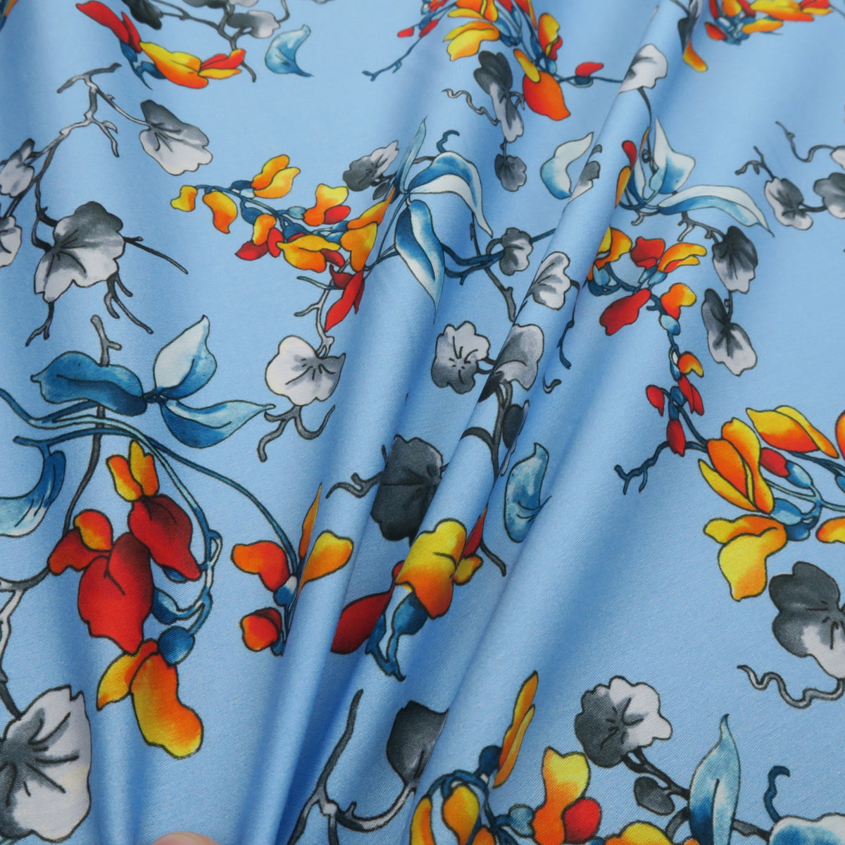 Grey and Orange Orchids on Blue Floral Ground Printed Cotton Pierre ...