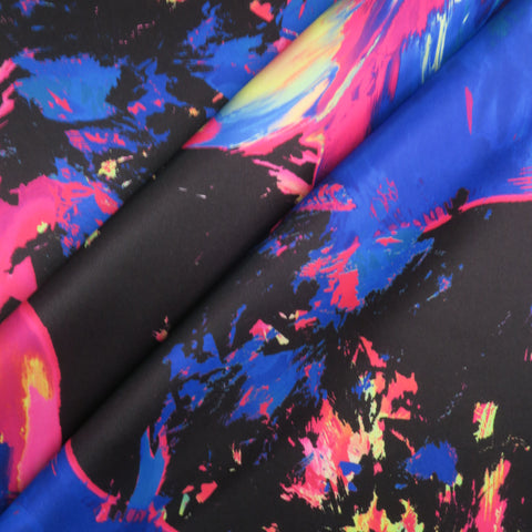 Blue and Fuchsia Floral on Black Background Printed Polyester Mikado Fabric - Rex Fabrics