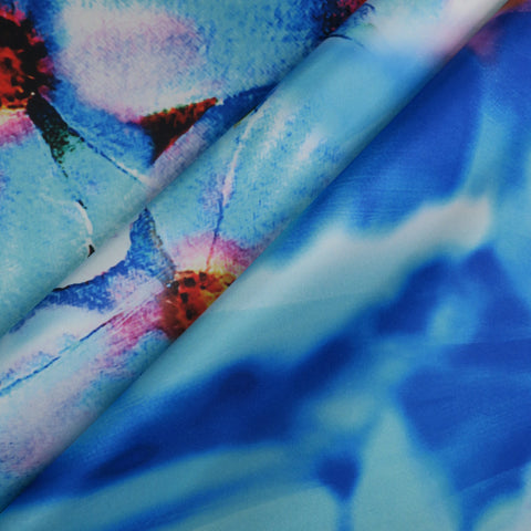 Blue and Orange Floral on Blue Background Printed Polyester Mikado Fabric - Rex Fabrics