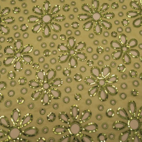 Green Floral and Circles Embroidered Organza Fabric - Rex Fabrics