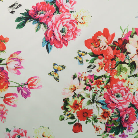 Multicolored Floral on White Background Printed Polyester Mikado Fabric - Rex Fabrics