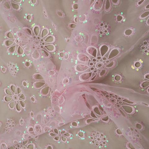 Light Pink Floral and Circles Embroidered Organza Fabric - Rex Fabrics