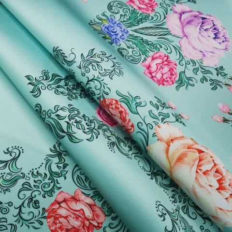 Multicolored Floral on Mint Background Printed Polyester Mikado Fabric - Rex Fabrics