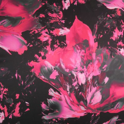 Pink Floral on Black Background Printed Polyester Mikado Fabric - Rex Fabrics