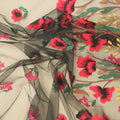 Black Tulle with Red Green and Yellow Floral Embroidered Tulle Fabric - Rex Fabrics
