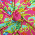 Floral Gold and Light Blue in a Fuchsia Background Printed Silk Charmeuse Fabric - Rex Fabrics