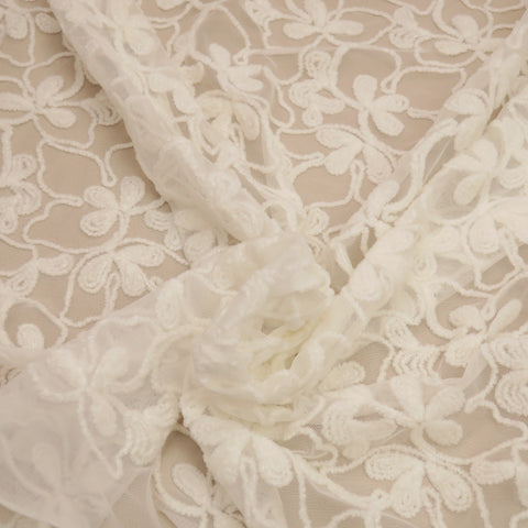 Off White Floral Embroidered Net Lace - Rex Fabrics