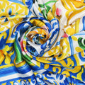 Yellow, Blue and Pink Floral Abstract Printed Silk Charmeuse Fabric - Rex Fabrics