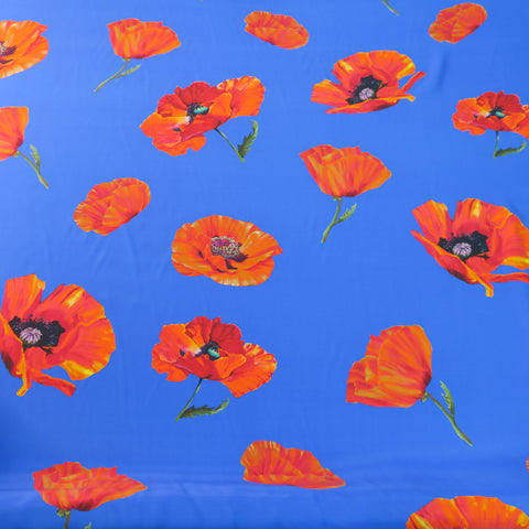 Red Poppy on Royal Blue Ground Printed Silk Charmeuse Fabric - Rex Fabrics