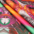 Multicolored Feathers on Rainbow Printed Polyester Mikado Fabric - Rex Fabrics