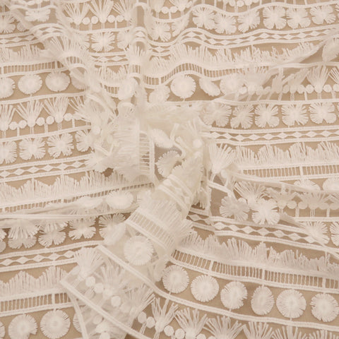 Off White Floral Embroidered Tulle Lace - Rex Fabrics