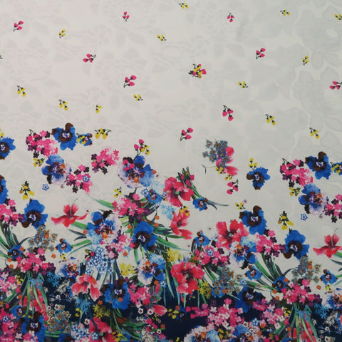 Blue Floral on White Printed Polyester Mikado Fabric - Rex Fabrics