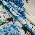 Blue Floral on White Printed Polyester Mikado Fabric - Rex Fabrics