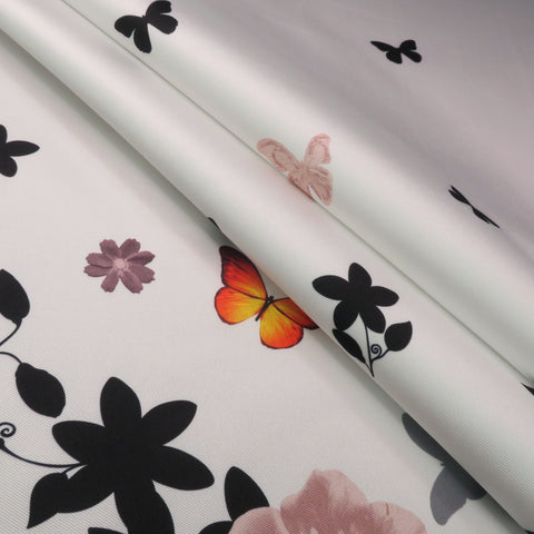 Black Floral on White Printed Polyester Mikado Fabric - Rex Fabrics