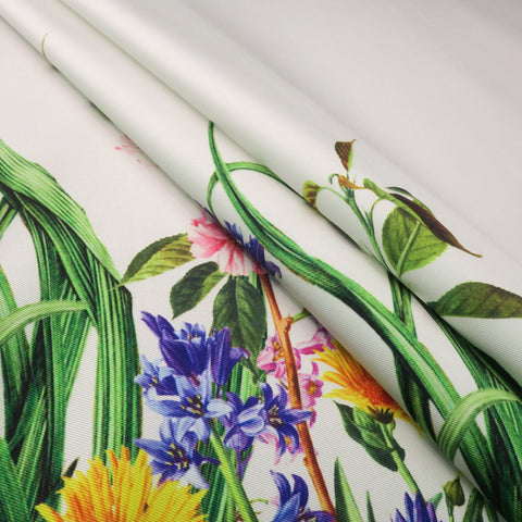 Green Floral on White Printed Polyester Mikado Fabric - Rex Fabrics