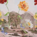 Mountainside Village and Flowers on Blue Background Chiffon Polyester Fabric - Rex Fabrics