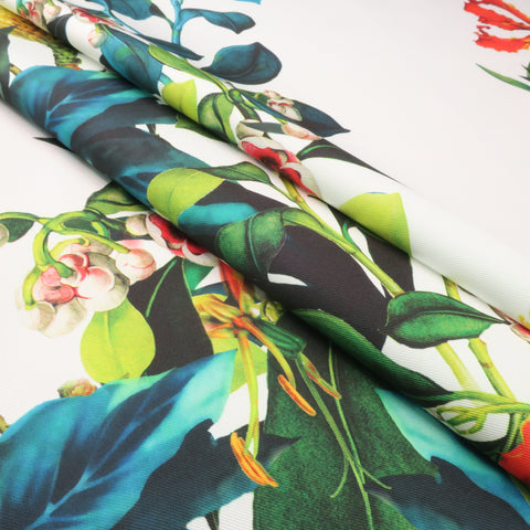 Multicolored Leaves on White Printed Polyester Mikado Fabric - Rex Fabrics