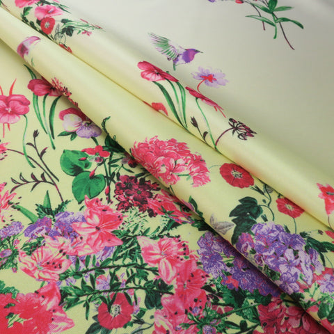 Pink Floral on Light Yellow Printed Polyester Mikado Fabric - Rex Fabrics