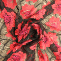 Black Tulle with Coral Floral Design Embroidered  Fabric - Rex Fabrics