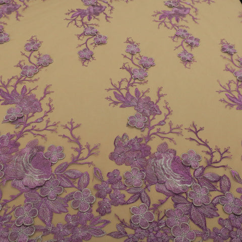 Nude Tulle with Lilac 3D Floral Design Embroidered  Fabric - Rex Fabrics