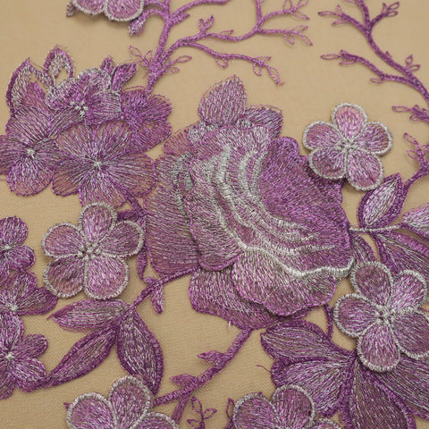 Nude Tulle with Lilac 3D Floral Design Embroidered  Fabric - Rex Fabrics