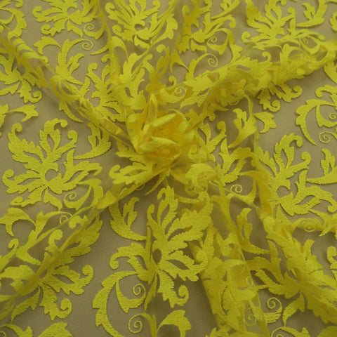 Yellow Tulle with Yellow  Floral Design Embroidered  Fabric - Rex Fabrics