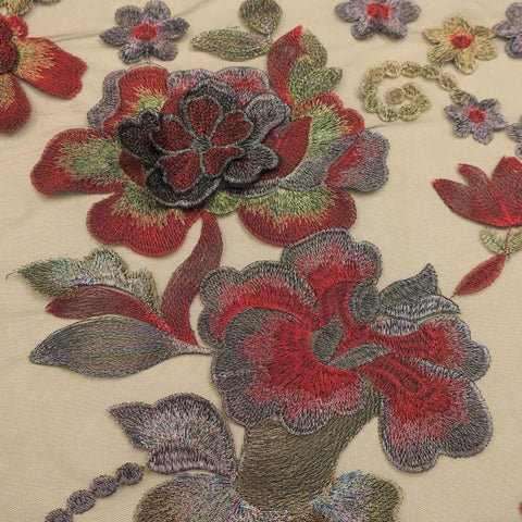 Black Tulle with Red and Gray 3D Floral Design Embroidered Fabric - Rex Fabrics