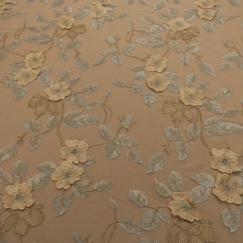 White Tulle with Silver and Beige 3D Floral Design Embroidered Fabric - Rex Fabrics