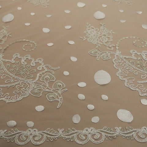 White Tulle with Silver and White Floral Design  Scallop Embroidered Fabric - Rex Fabrics
