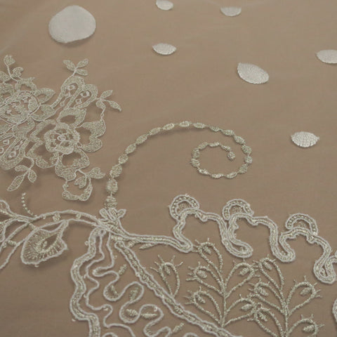 White Tulle with Silver and White Floral Design  Scallop Embroidered Fabric - Rex Fabrics